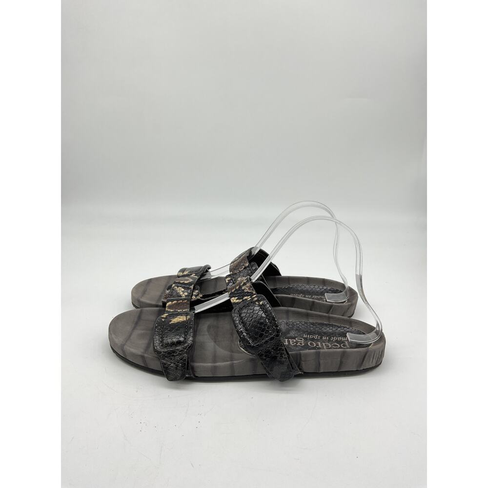 Pedro Garcia 'Arielle' Brown Leather Buckle Snake & Croc Embossed Buckle Slide - Picture 3 of 5